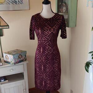 Kelly Renee Geometric Patterned Burgundy Burnt Out Velvet Dress